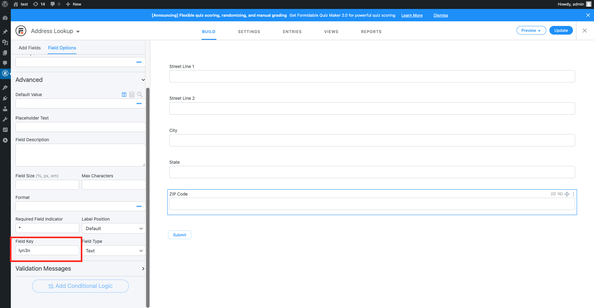 The Field Key is highlighted in red-screenshot