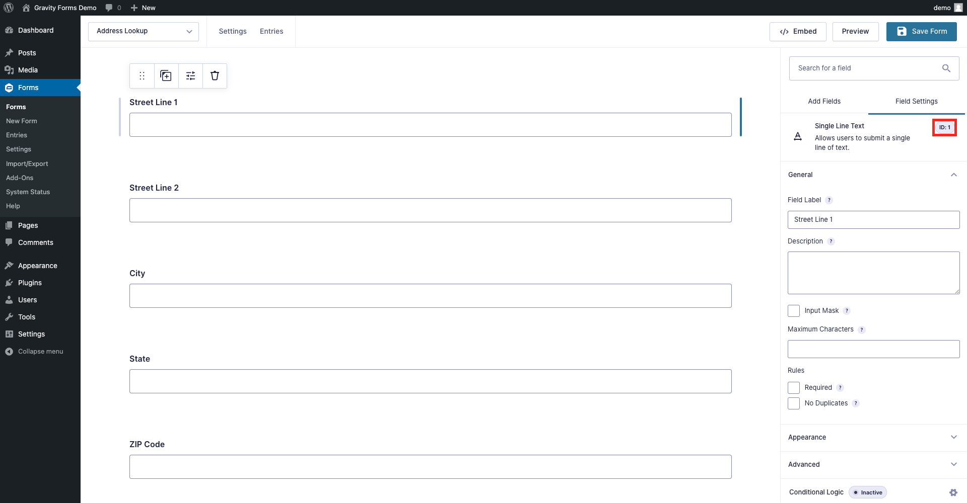 Make a note of the Field ID-screenshot